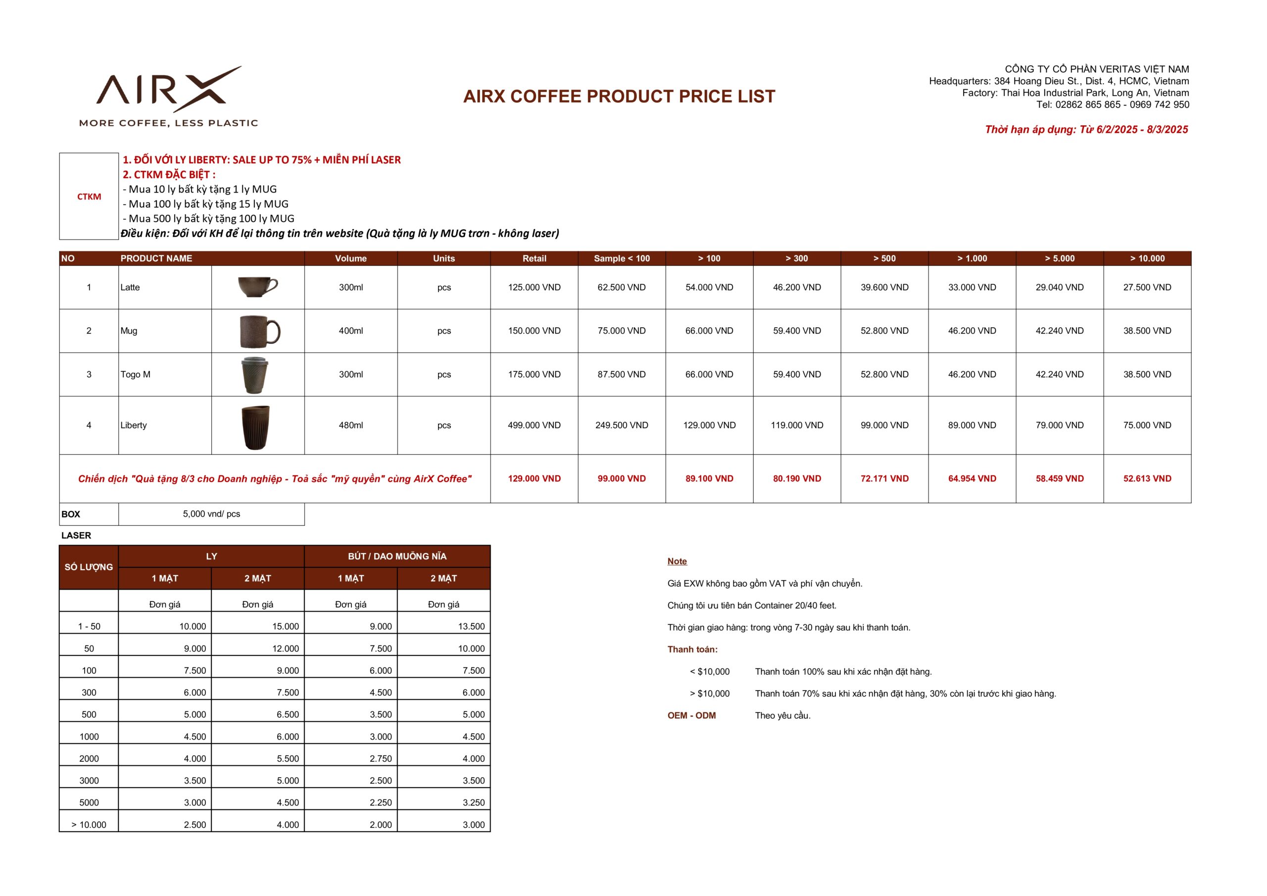 LY COFFEE TOGO 4 Bảng giá sản phẩm Airx Coffee